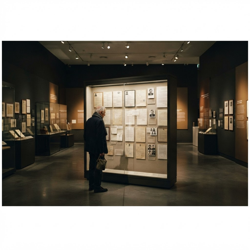 Museumzaal met ingelijste cv's achter glas en gedimde spotverlichting